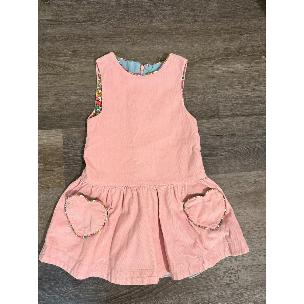 Mini Boden Girls Pink Corduroy Heart Pocket Jumper Dress Floral Trim Size 4T-5T - Picture 7 of 10